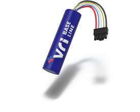 VRI baseline Batterieeinheit im 1S/18650-Format mit einem zylindrischen Gehäuse und Anschlusskabel.