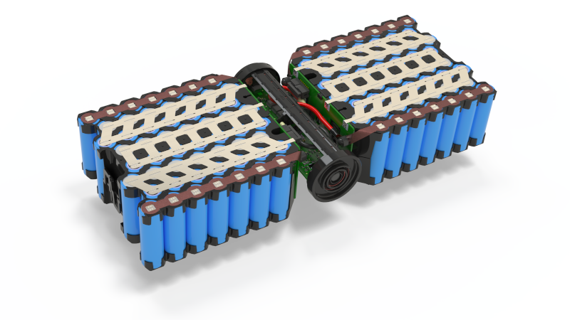 Zusammengebautes Batteriepaket mit zylindrischen Zellen, verschweißten Leiterbahnen und zentraler Steuerungseinheit.