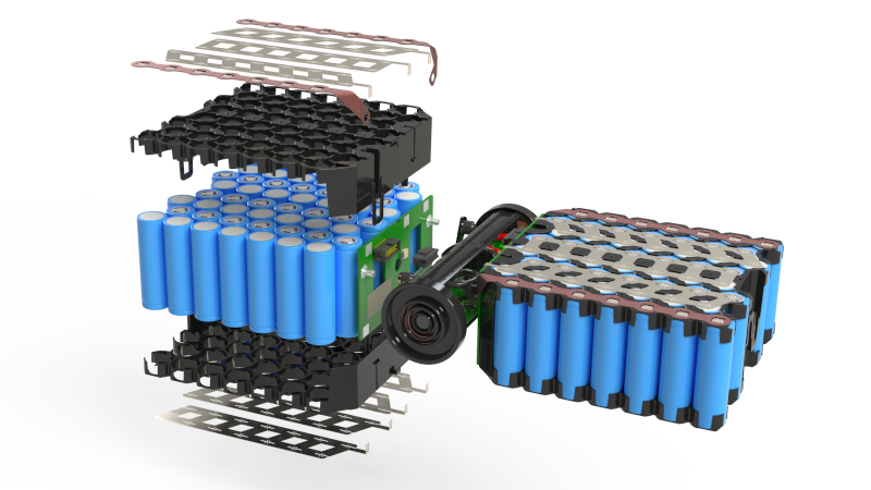 Explosionsdarstellung eines Batteriepakets mit zylindrischen Zellen, Kunststoffhalterungen, Leiterbahnen und zentralem elektronischen Bauteil.