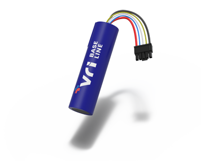 VRI baseline Batterieeinheit im 1S/21700-Format mit größerem zylindrischen Gehäuse und Anschlusskabel.