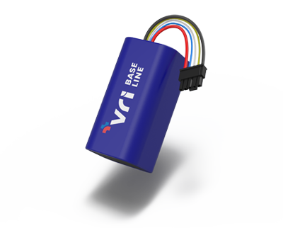 VRI baseline Batterieeinheit im 2S/18650-Format mit verlängerter zylindrischer Form und Anschlusskabel.