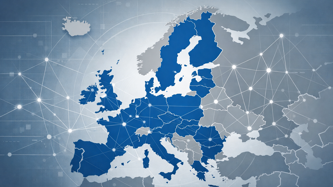 Europakarte mit Netzwerk-Verbindungen zeigt Geltungsbereich europäischer Normen und Standards