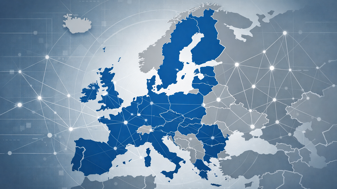 Europakarte mit Netzwerk-Verbindungen zeigt Geltungsbereich europäischer Normen und Standards