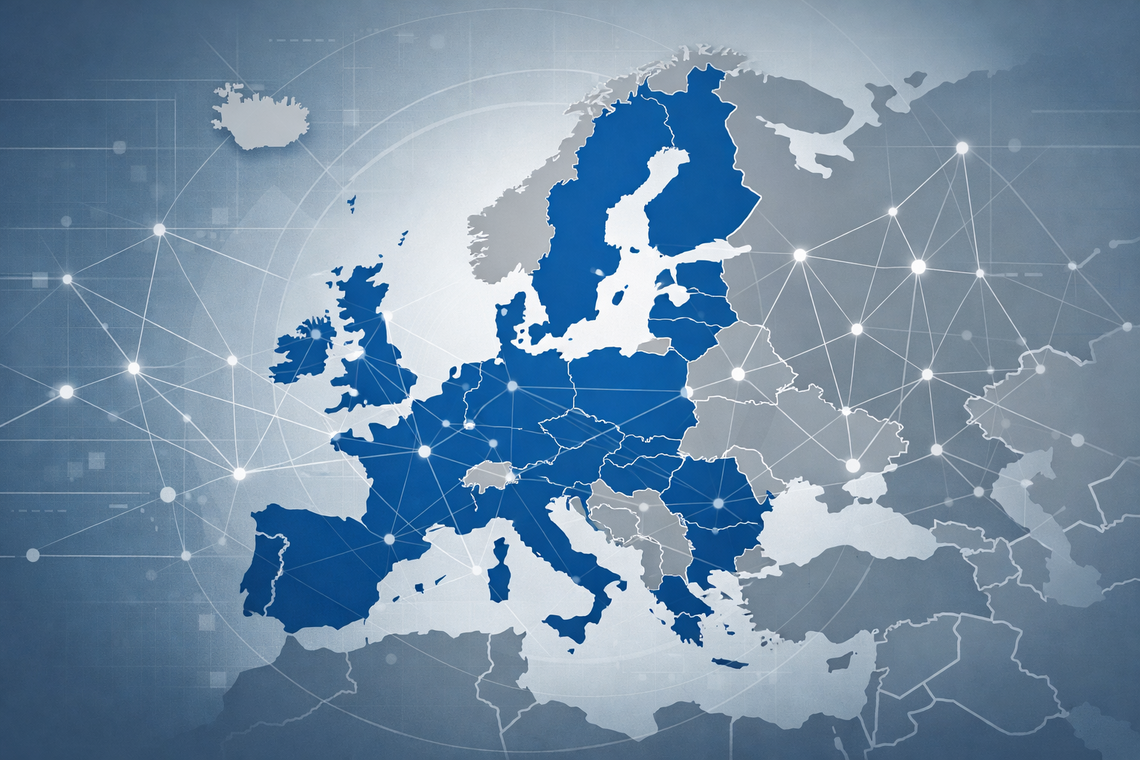 European map with network connections showing scope of European norms and standards