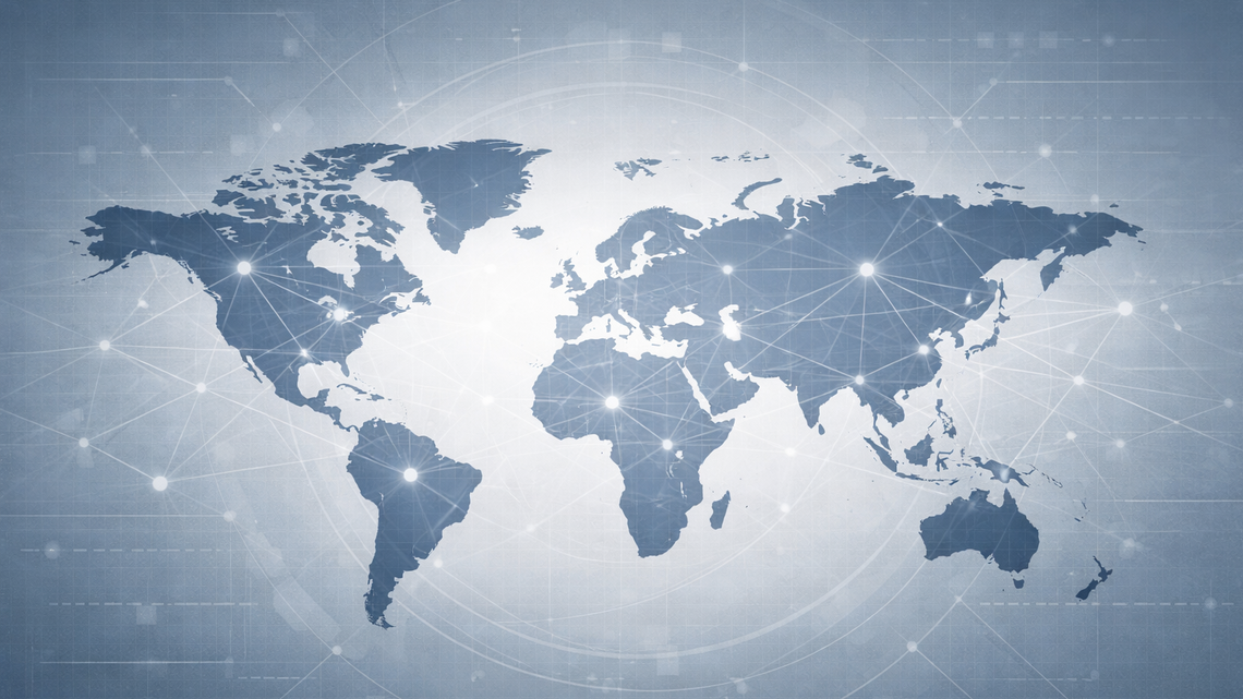 World map with network connections showing global validity of international norms and standards