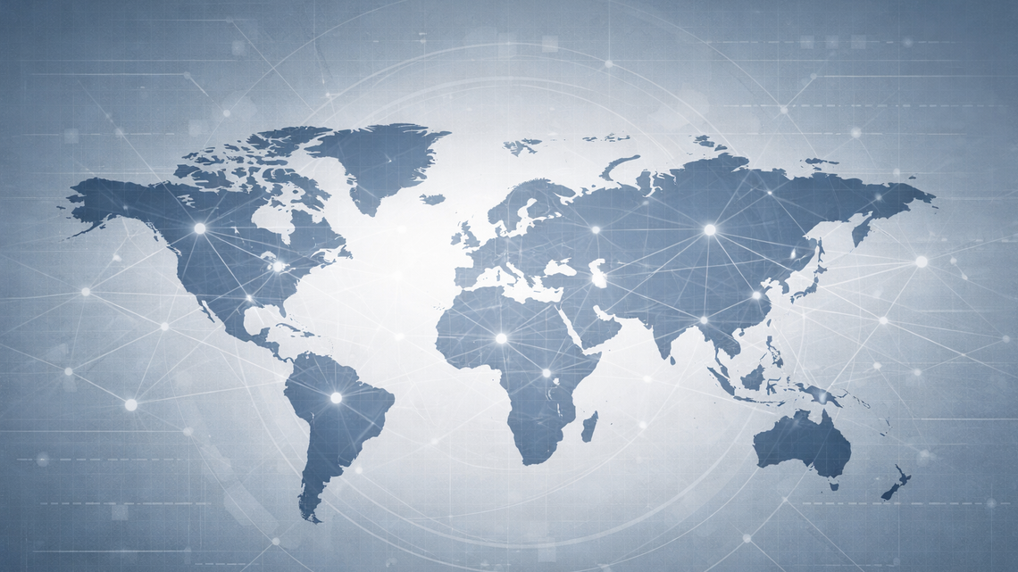 World map with network connections showing global validity of international norms and standards