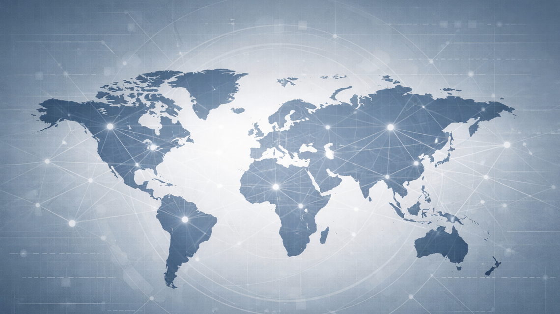 World map with network connections showing global validity of international norms and standards